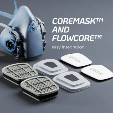 The Coremask M 7502 half-face respirator with its Flowcore dual-stage filter components laid out for easy integration.